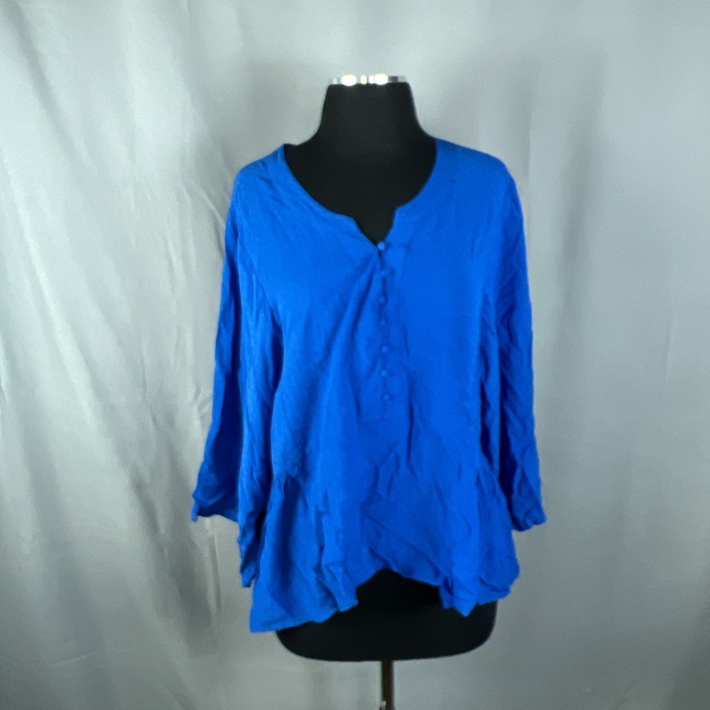 Grand & Greene Blouse Top Womens XL Vibrant Blue Rayon Quarter Sleeve V Neck